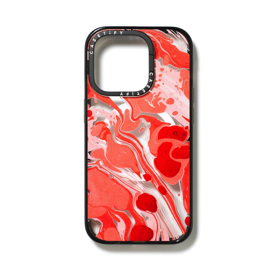 a casetify phone case with a red and white marble design