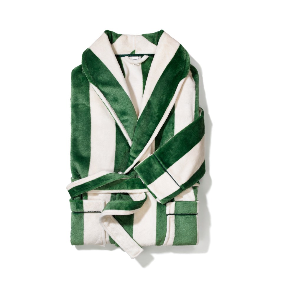 a green and white striped robe with a white belt