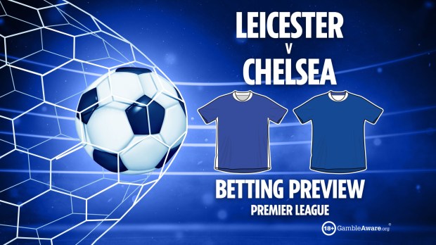 a poster for leicester v chelsea shows a soccer ball and two blue shirts