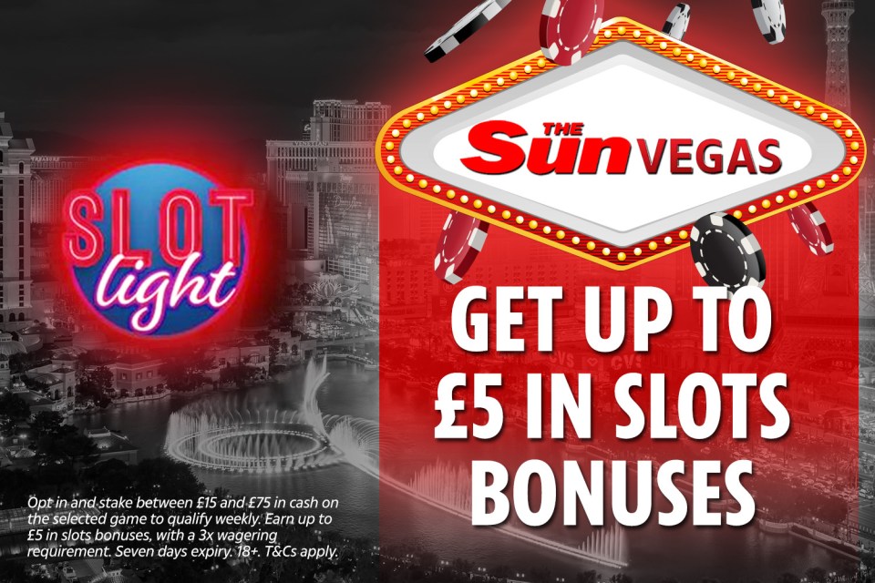 a sign for the sun vegas says get up to £ 5 in slots bonuses