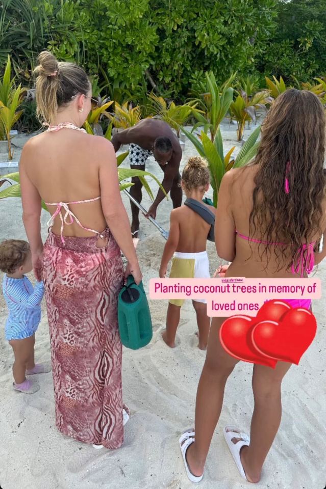 Rio shared a photo from the trip which showed the family planting coconut trees in memory of loved ones