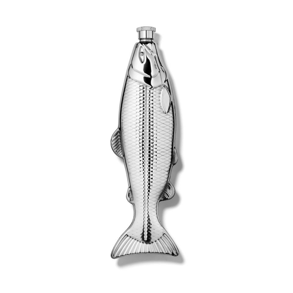 a silver bottle in the shape of a fish