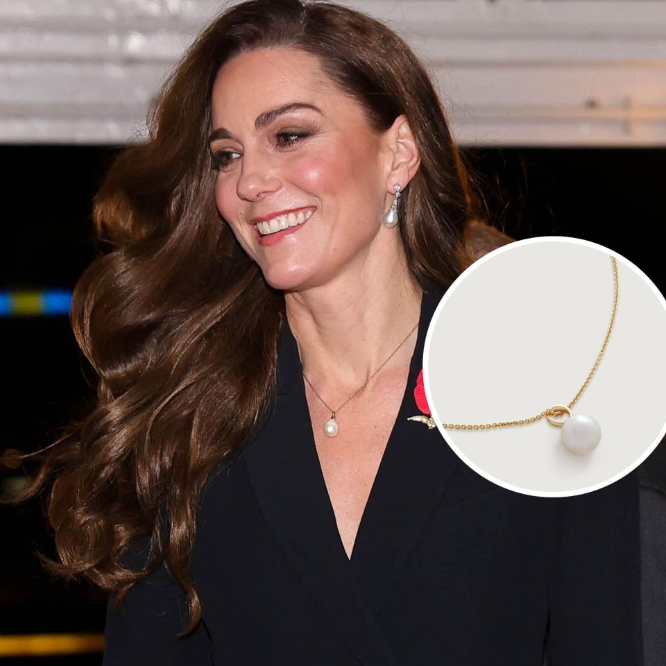 Kate Middleton wearing a pearl necklace and earrings.