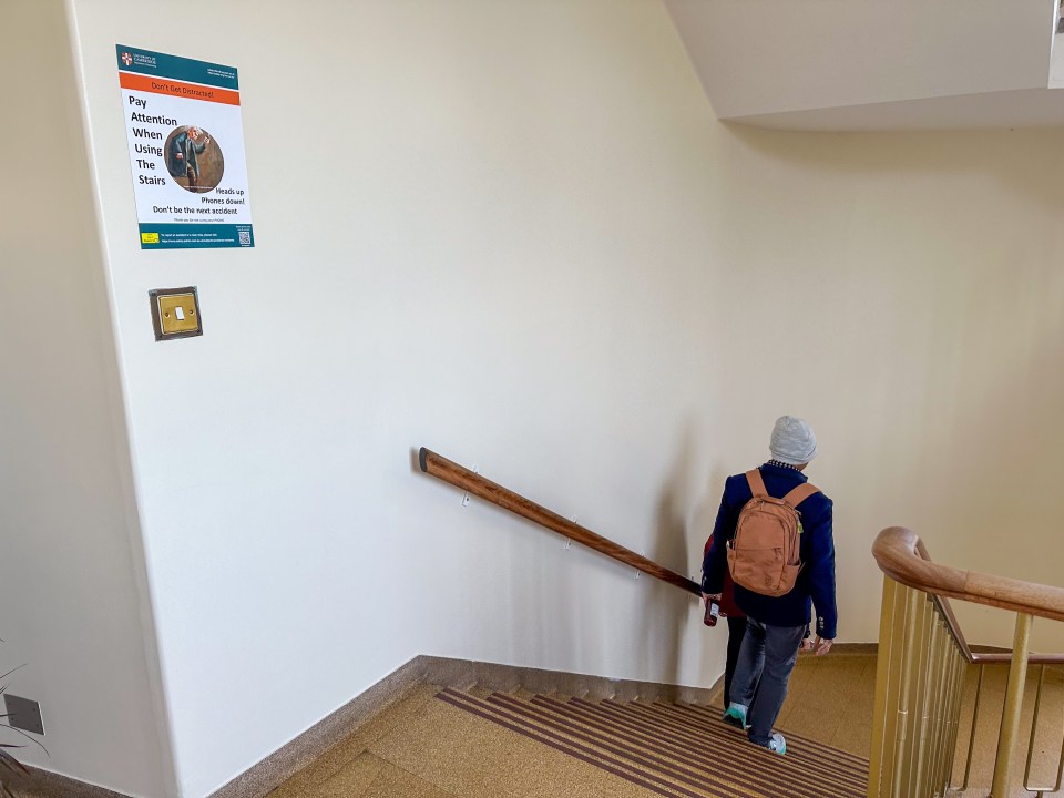 The warning posters for students on how to use stairs at the Engineering Department at Cambridge University