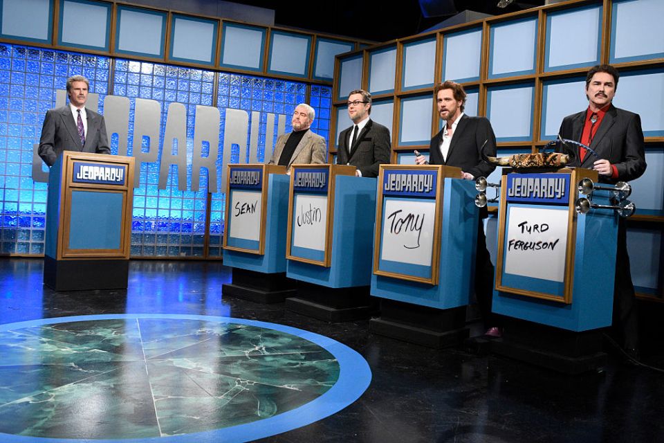 SATURDAY NIGHT LIVE 40TH ANNIVERSARY SPECIAL -- Pictured: (l-r) Will Ferrell as Alex Trebek, Darrell Hammond as Sean Connery, Taran Killam as Christoph Waltz, Jim Carrey as Matthew McConaughey, Norm Macdonald as Burt Reynolds during the "Celebrity Jeopardy" skit on February 15, 2015 -- (Photo by: Dana Edelson/NBCU Photo Bank/NBCUniversal via Getty Images via Getty Images)