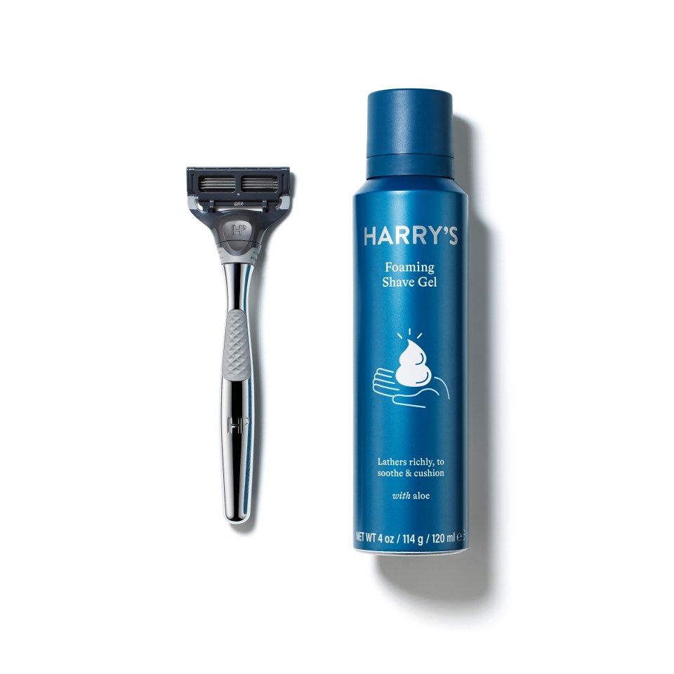 a bottle of harry 's foaming shave gel next to a razor