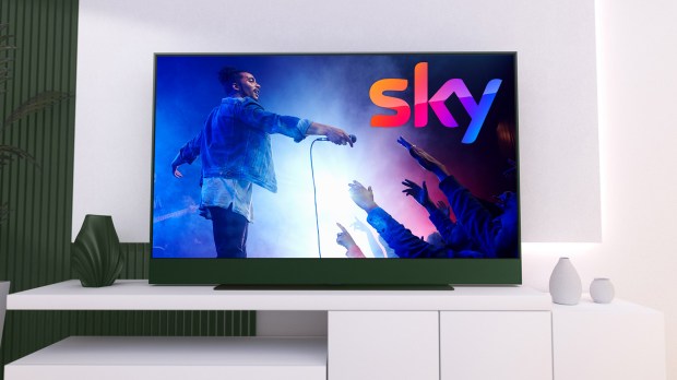 a tv screen shows a man singing in front of a crowd and the sky logo