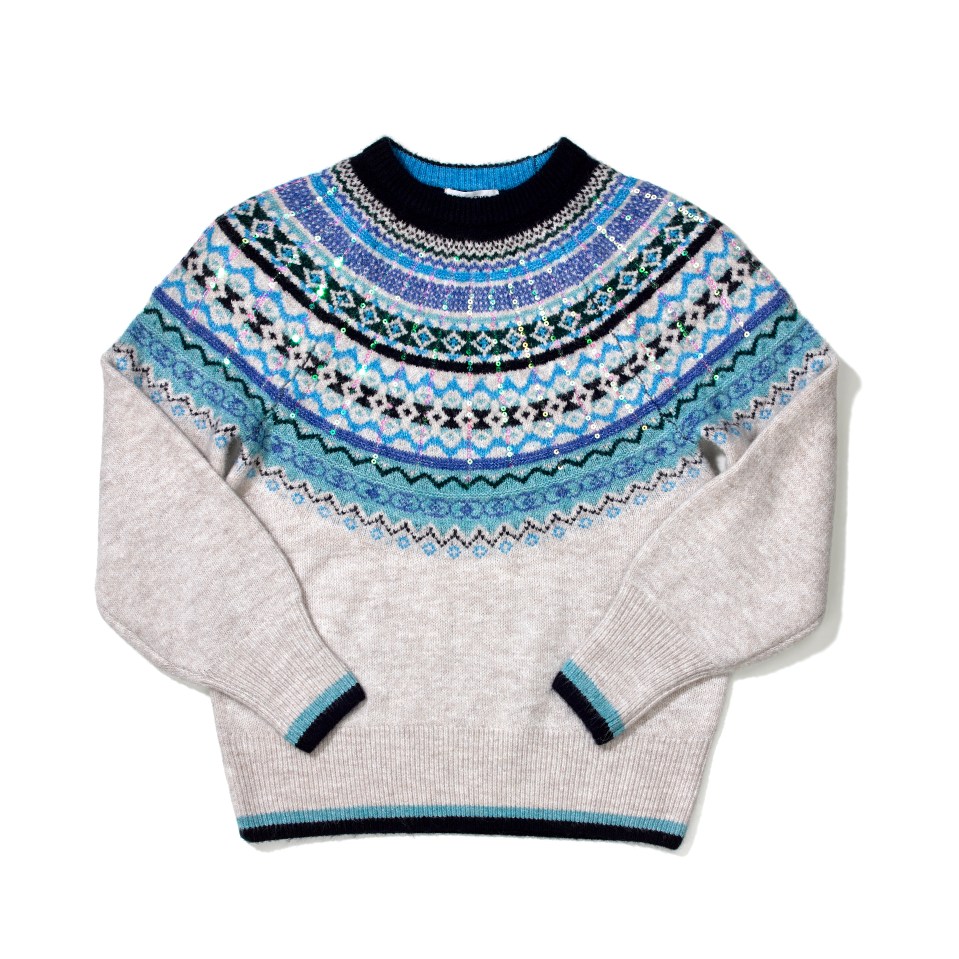 a sweater with a blue and white pattern on it