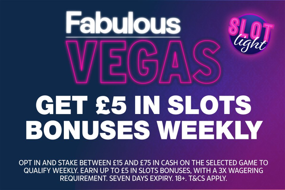 a poster that says fabulous vegas get £ 5 in slots bonuses weekly