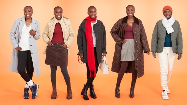 a woman wearing different types of coats and scarves