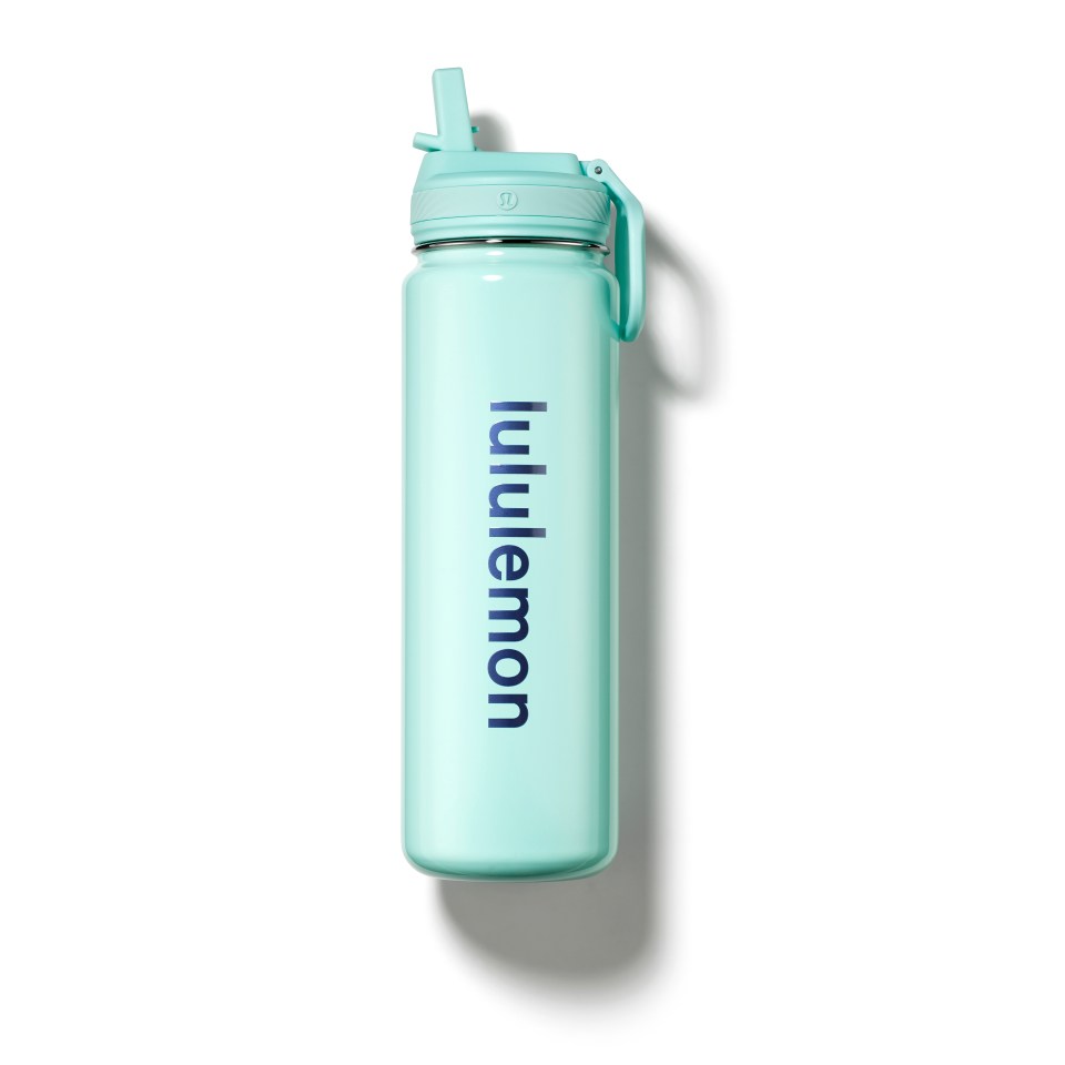 a blue water bottle that says lululemon on it