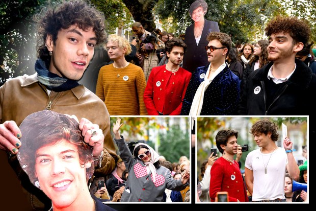 a collage of photos shows a man holding a cardboard cutout of harry styles