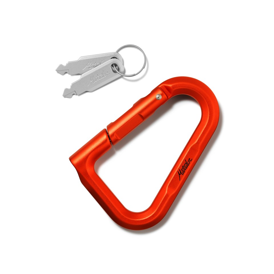 a red carabiner with the word matador on it