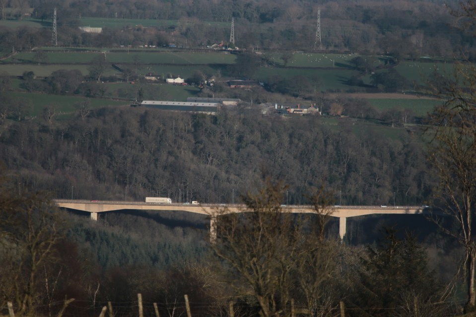 a bridge in the middle of a valley with trees in the background