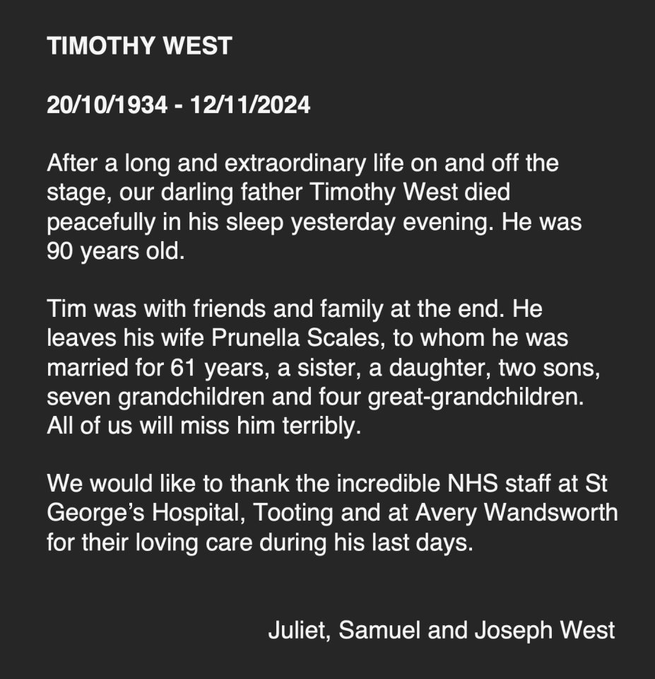 Timothy's children announced his death in a statement