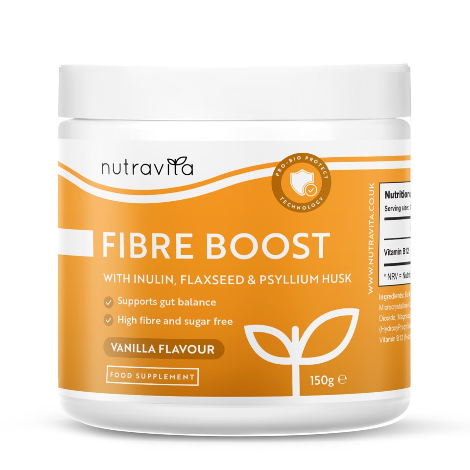 a jar of nutravita fibre boost vanilla flavour