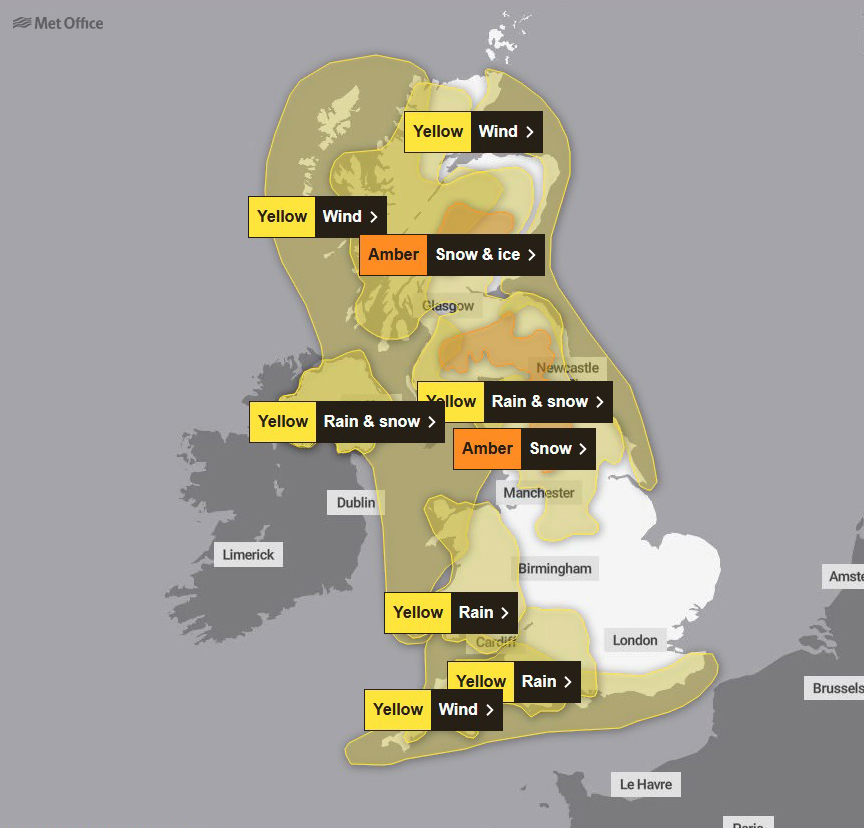 The Met Office has activated a total of nine weather warnings today