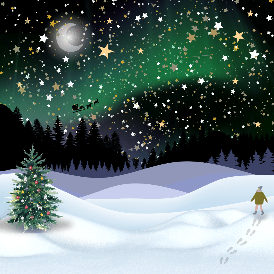 A decorated Christmas tree in a snowy landscape at night, with Santa's sleigh flying overhead in a starry sky.