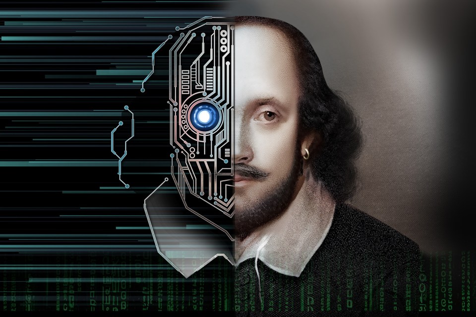 a drawing of a man with a circuit board on his face