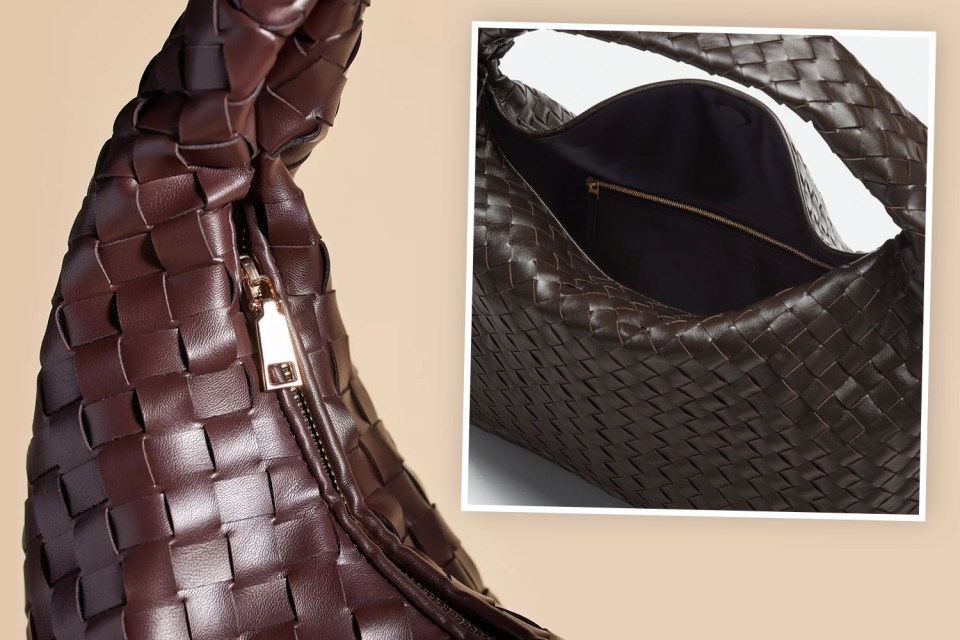 The Anthropologie dupe, as shown on the left, has a zip-style fastener, whereas the Bottega Veneta bag has a magnetic-style fastener