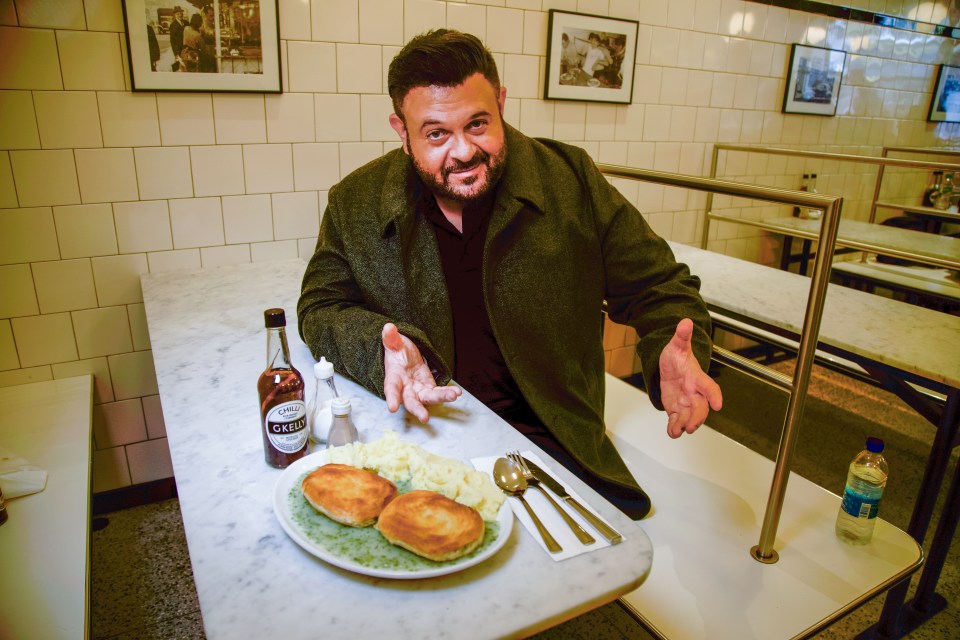 This is an undated handout photo of Adam Richman at G Kelly's pie shop from Adam Richman Eats Football. See PA Feature SHOWBIZ TV Adam Richman. WARNING: This picture must only be used to accompany PA Feature SHOWBIZ TV Adam Richman. PA Photo. Picture credit should read: Food Network UK/Rachel Joseph/PA NOTE TO EDITORS: This picture must only be used to accompany PA Feature SHOWBIZ TV Adam Richman