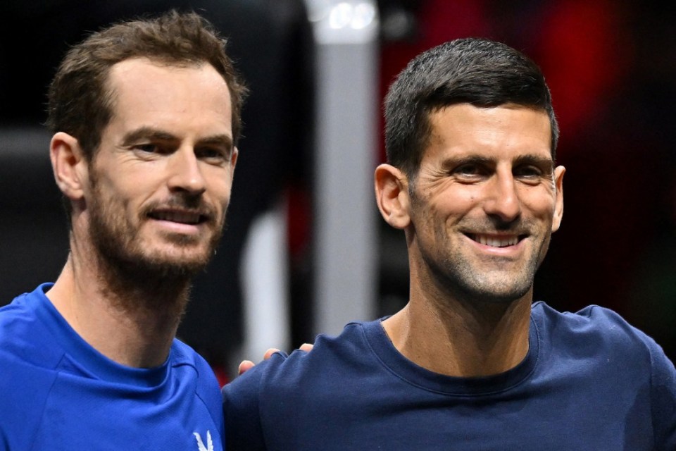 (FILES) (L-R) Britain's Andy Murray and Serbia's Novak Djokovic with (unseen) Switzerland's Roger Federer and Spain's Rafael Nadal pose during a Team Europe practice session ahead of the 2022 Laver Cup at the O2 Arena in London on September 22, 2022. Novak Djokovic announced on November 23, 2024, that his retired long-time rival Andy Murray is joining the 24-time Grand Slam-winning player's coaching team, starting at the Australian Open in January. (Photo by Glyn KIRK / AFP) / RESTRICTED TO EDITORIAL USE (Photo by GLYN KIRK/AFP via Getty Images)