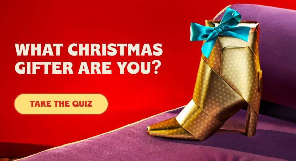 a purple couch with a shoe wrapped in gold paper and the words what christmas gifter are you