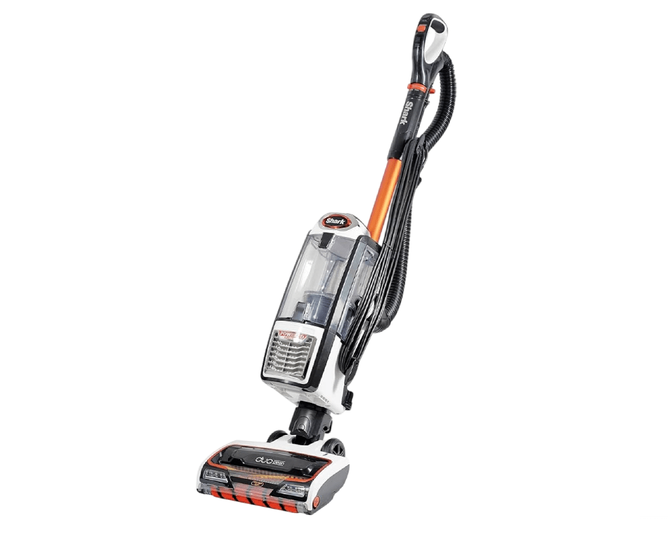 a white and orange shark vacuum cleaner on a white background