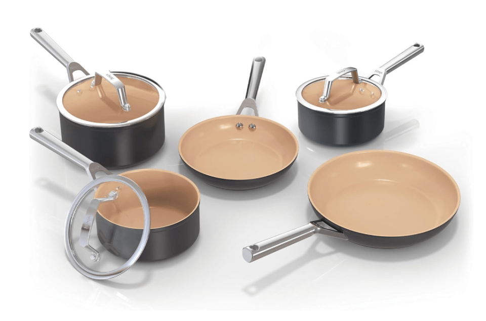 a set of pots and pans on a white surface