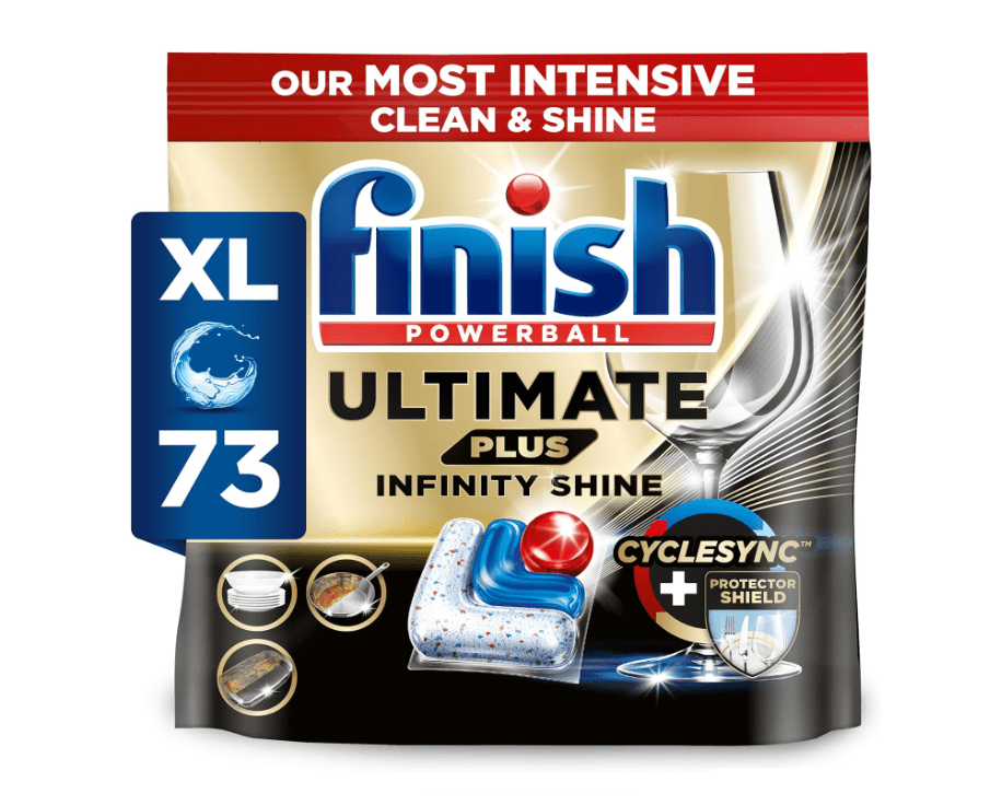 a bag of finish ultimate plus infinity shine dishwasher tablets