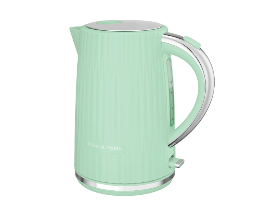 a green russell hobbs electric kettle on a white background