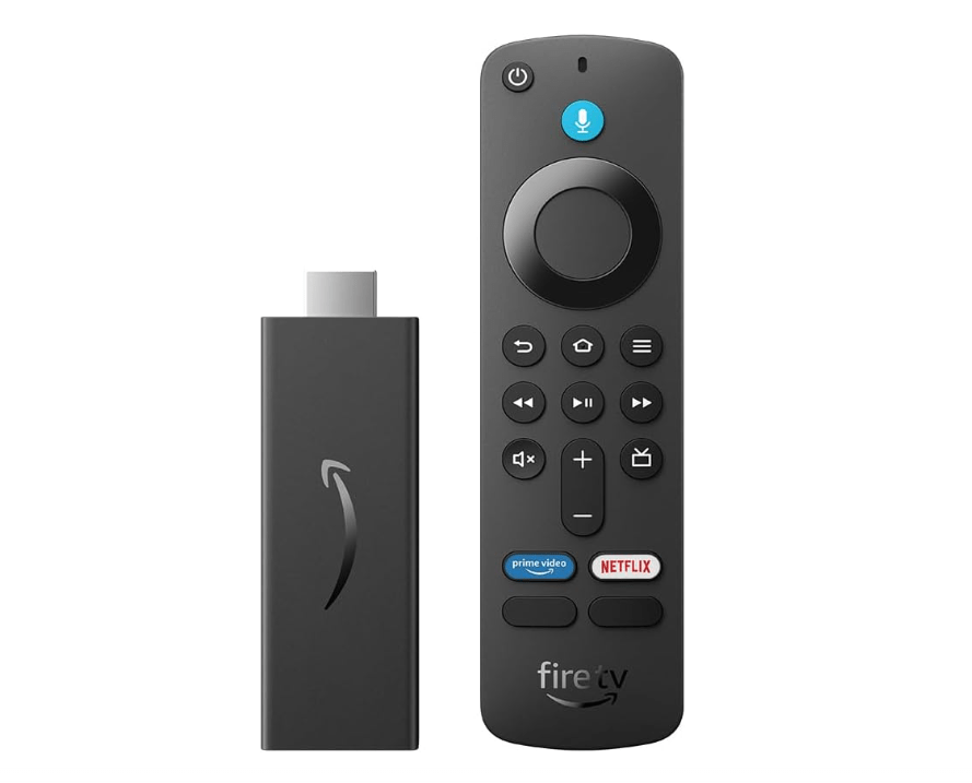 a fire tv stick next to a remote that says netflix