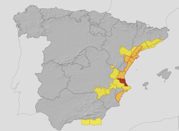 A red warning is in place for Valencia with orange and yellow warnings along the east coast