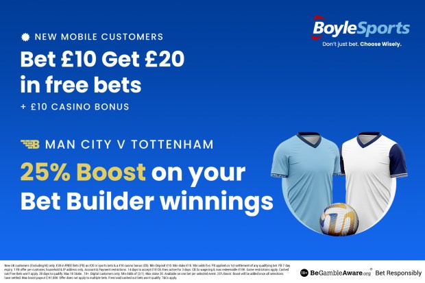 an advertisement for boylesports that says ' bet £ 10 get £ 20 in free bets + £ 10 casino bonus '