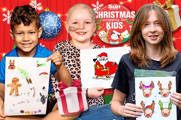 three children holding up christmas wrapping for kids drawings