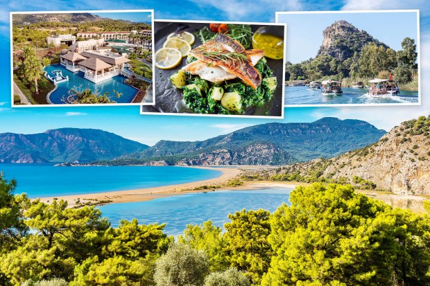 a collage of pictures shows a beach a hotel and a meal