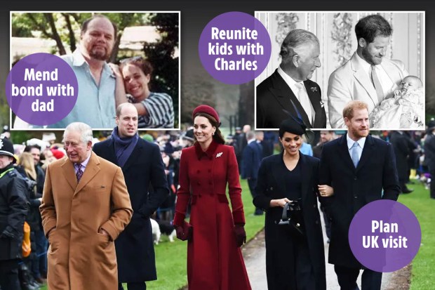 Collage of photos showing the Royal family with text overlays about mending bonds and planning a UK visit.