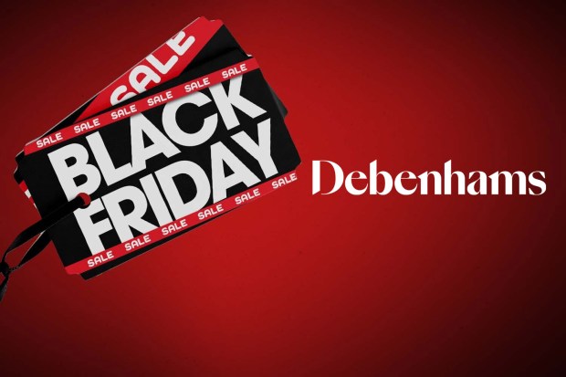 a sign that says black friday on it next to a debenhams logo