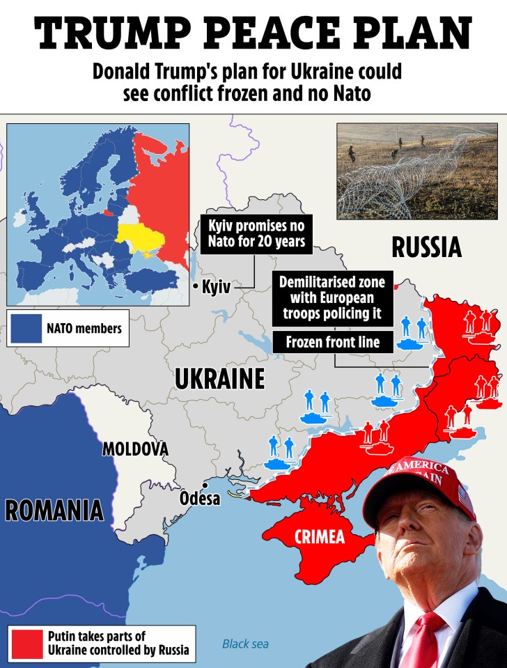 Map of Trump's proposed peace plan for Ukraine, showing territorial divisions and troop deployments.