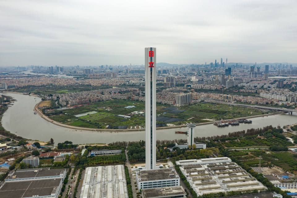 Aerial view of the Hitachi H1 Tower, one of the world’s tallest elevator test towers