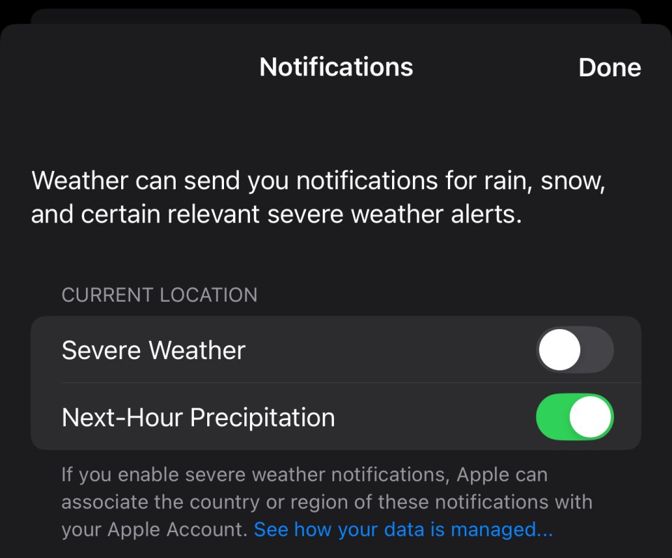 a screen showing notifications for rain snow and severe weather