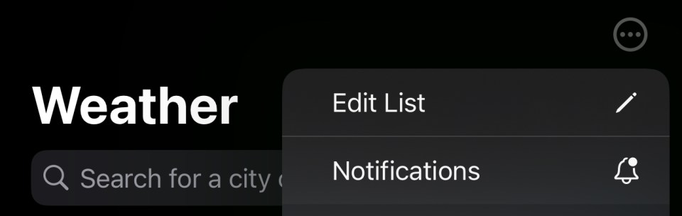 a screenshot of the weather app showing the edit list and notifications options