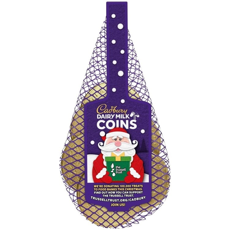 a bag of cadbury dairy milk coins with santa on it