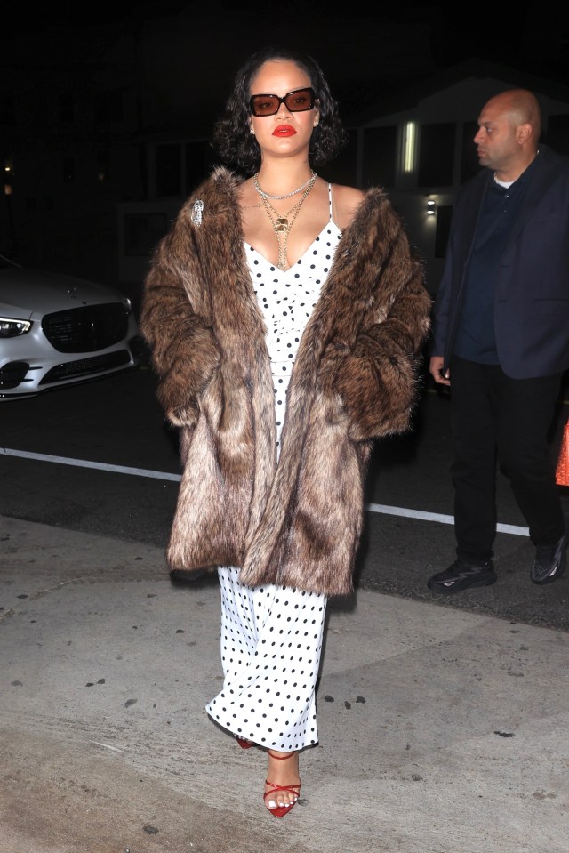 Rihanna turned heads in a brown fur coat and red high heels as she enjoyed a late-night dinner at Giorgio Baldi in Santa Monica