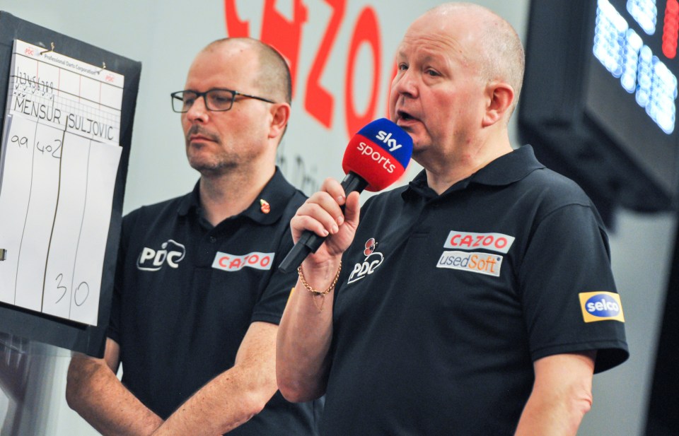 Referee George Noble, right, was bullied by Van Gerwen and Van der Voort