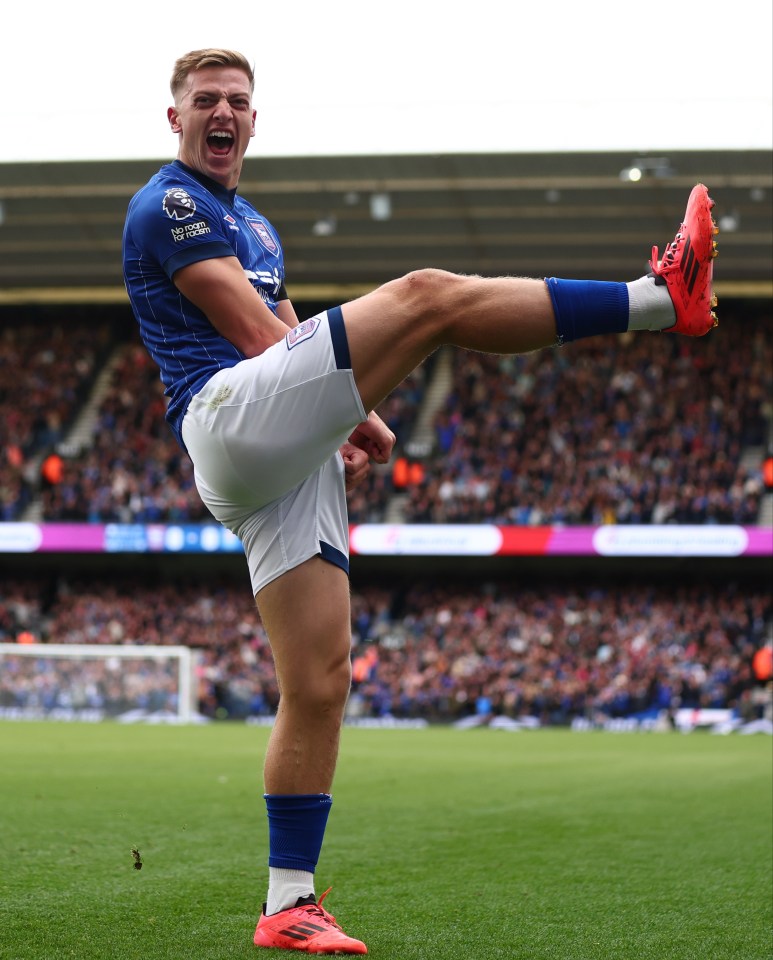 Liam Delap of Ipswich Town celebrates scoring a goal.