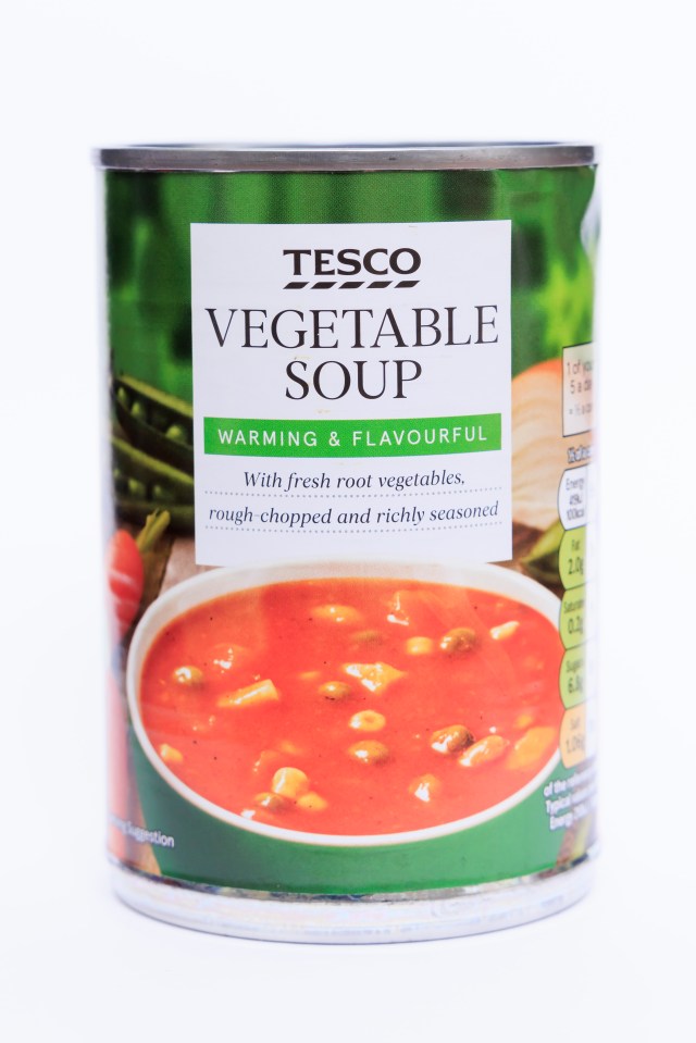 a can of tesco vegetable soup with fresh root vegetables