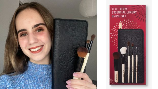 a woman holding makeup brushes next to a bobbi brown brush set