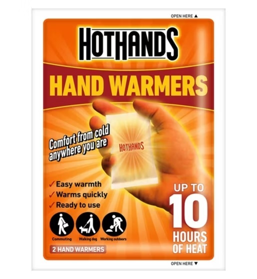 a package of hothands hand warmers that last up to 10 hours of heat