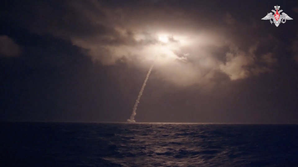 A Bulava ballistic missile is launched from a submarine during a test in the Sea of Okhotsk